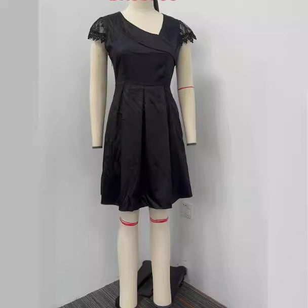 Double Layer Diagonal Collar Lace Short Sleeve Fashion Women's Wear Dress