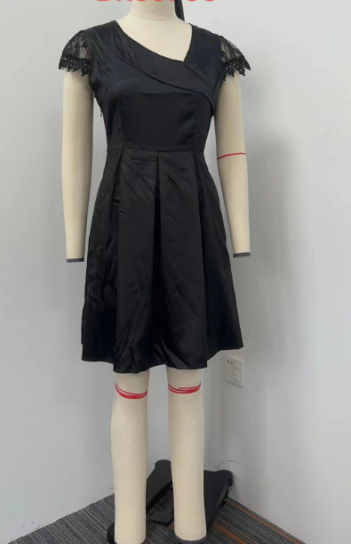 Double Layer Diagonal Collar Lace Short Sleeve Fashion Women's Wear Dress