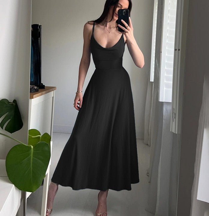 Elegant Style Slim Fit Collar Waist Girdling Band Sling Dress Women