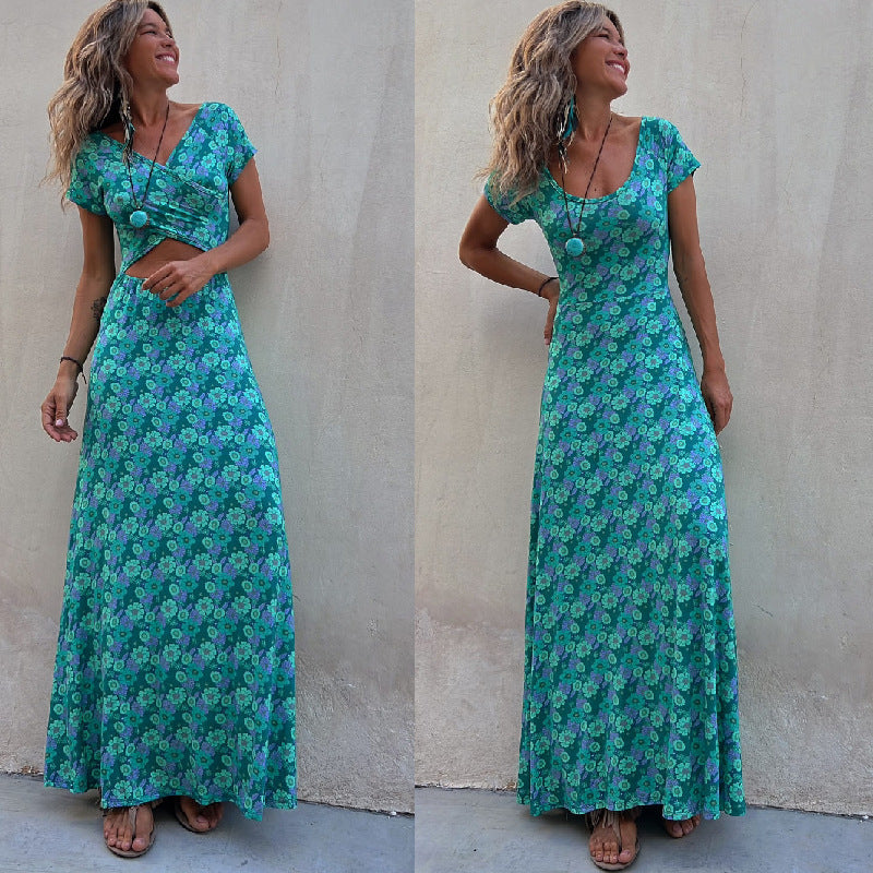 Women's Short-sleeved Two-sided Wear Wide Hem Printed Dress