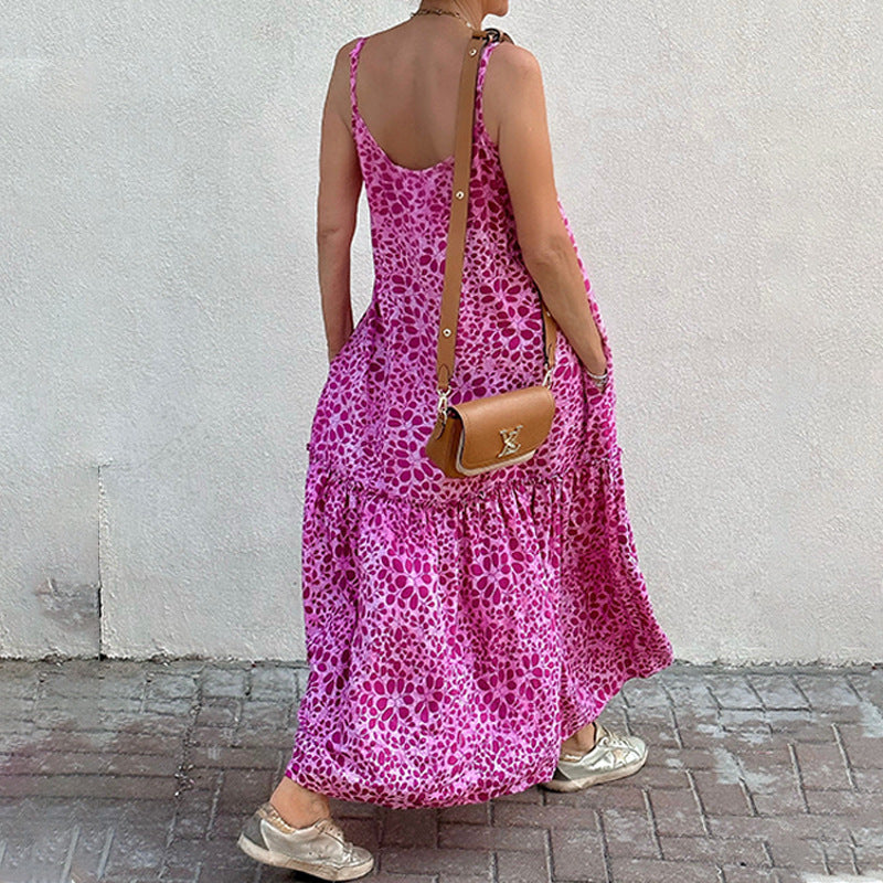 New Women's Fashion Loose Printed V-neck Sleeveless Sling Dress