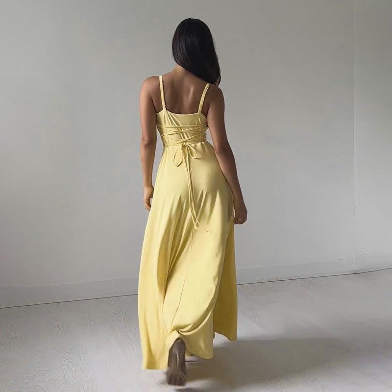 Elegant Style Slim Fit Collar Waist Girdling Band Sling Dress Women