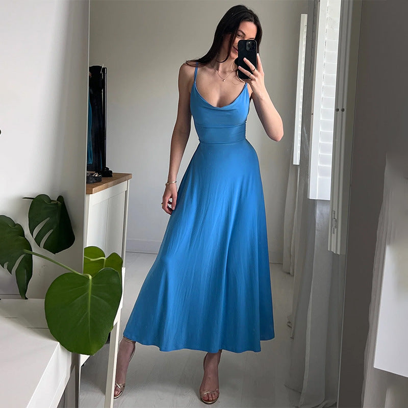 Elegant Style Slim Fit Collar Waist Girdling Band Sling Dress Women