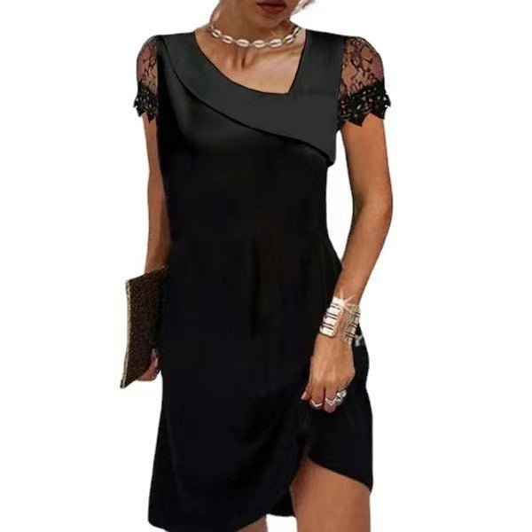 Double Layer Diagonal Collar Lace Short Sleeve Fashion Women's Wear Dress
