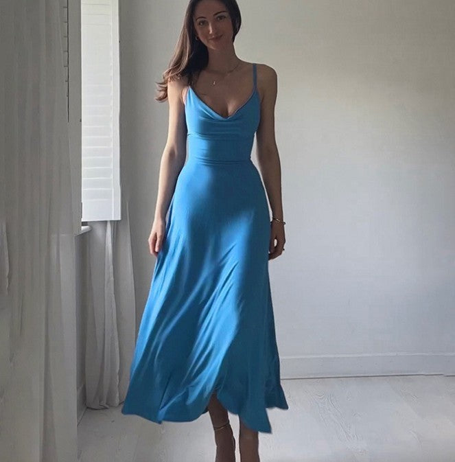 Elegant Style Slim Fit Collar Waist Girdling Band Sling Dress Women