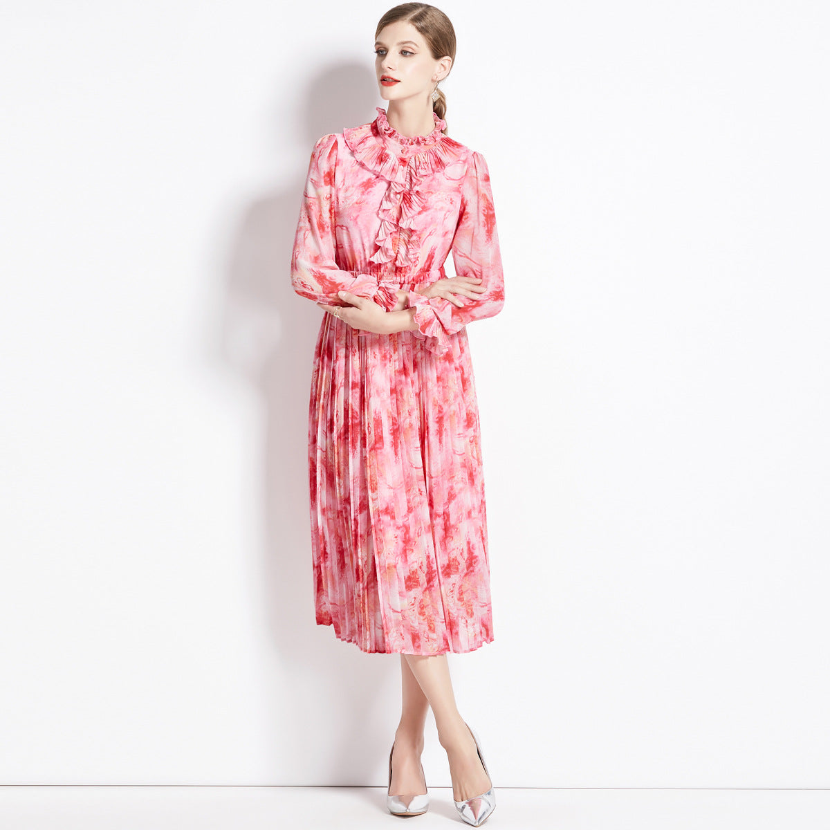 French Floral Chiffon Long Sleeve Dress Women