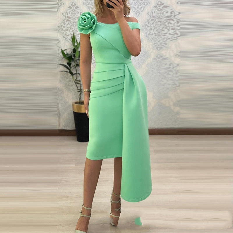 New Mint Green Off-shoulder Three-dimensional Flower Dress
